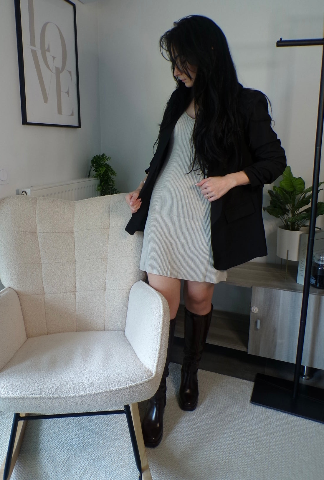 Robe maille fine côtelée - crème
