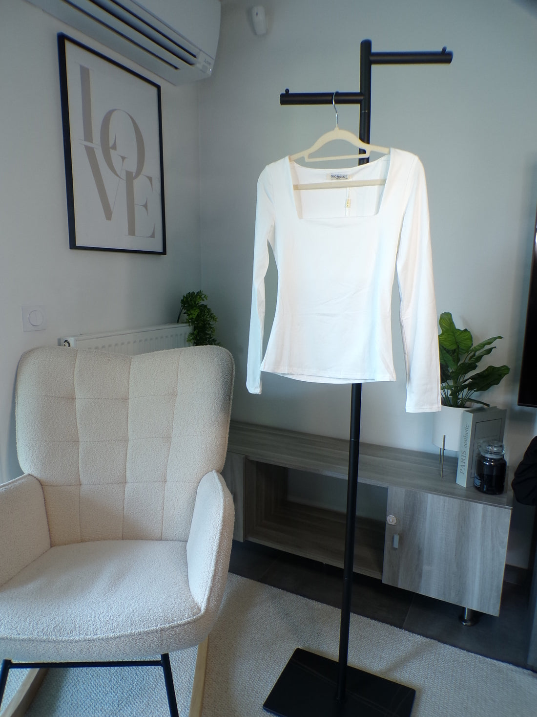 Top moulant col carré manches longues - blanc