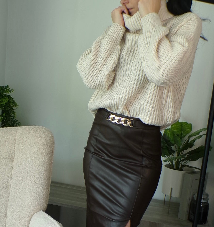Pull col roulé beige
