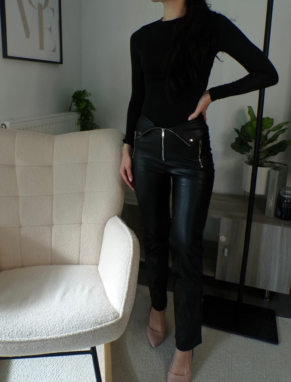 Pantalon en Simili-Cuir à Taille Rabattue