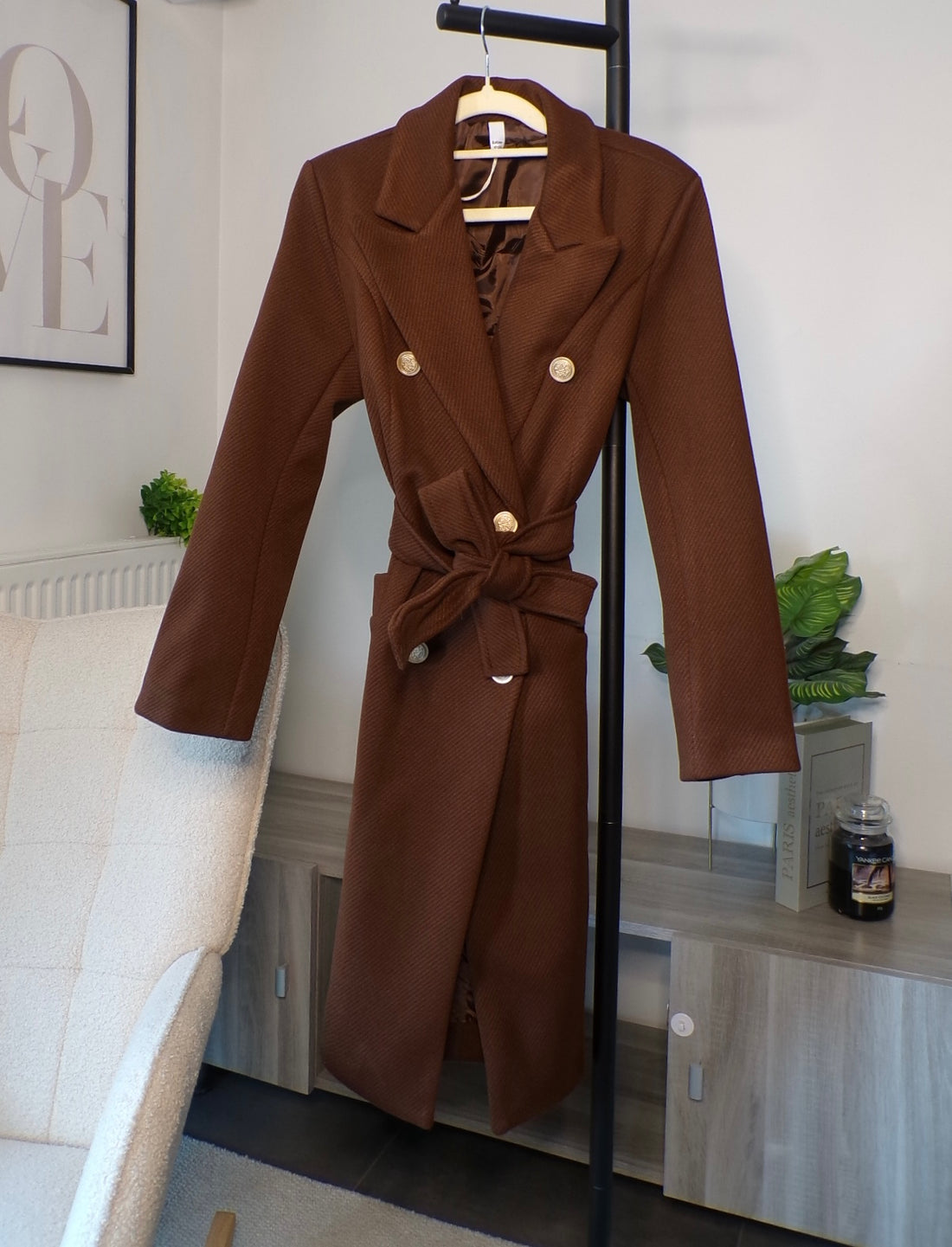 Manteau à chevrons avec ceinture (chocolat)