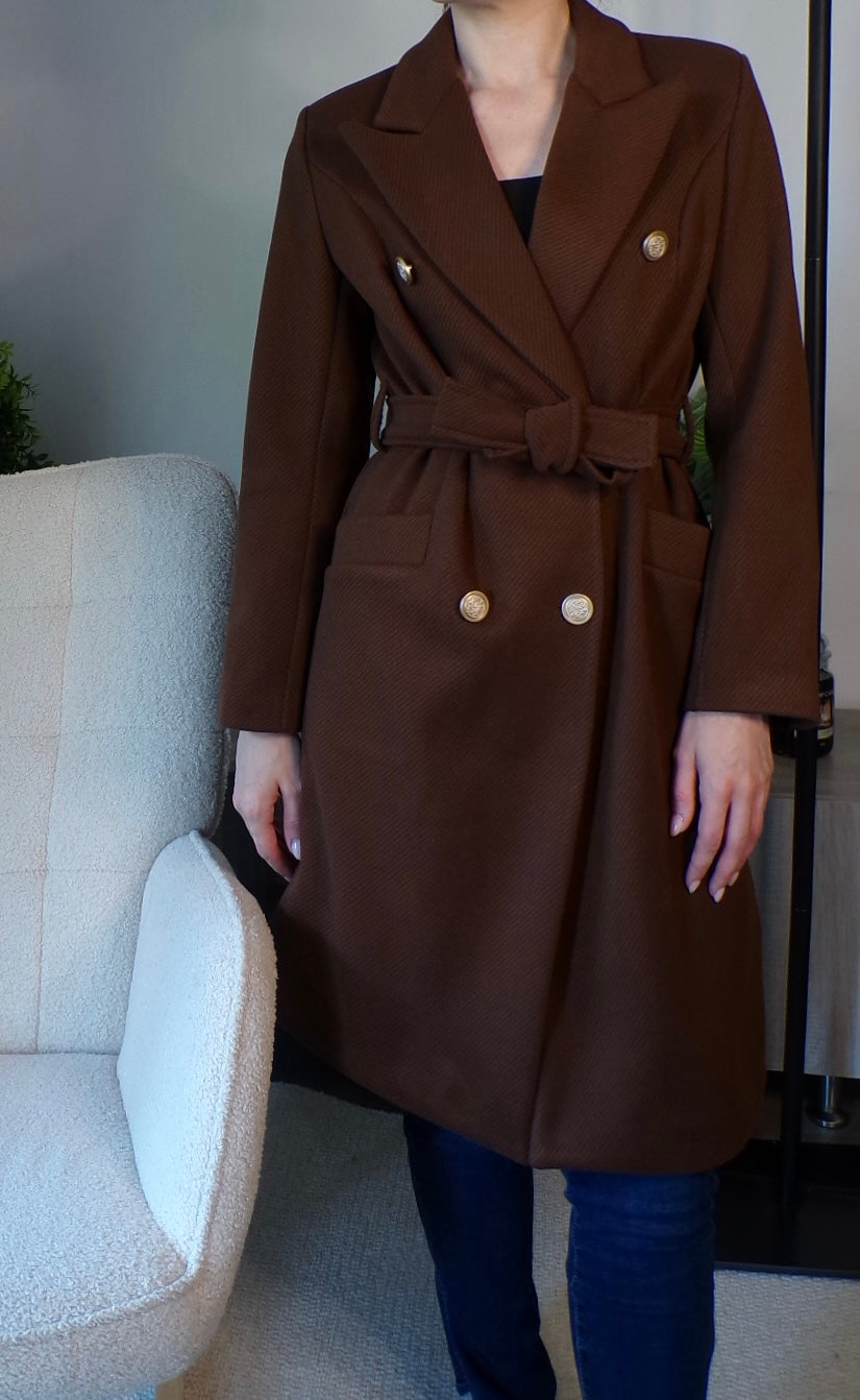 Manteau à chevrons avec ceinture (chocolat)